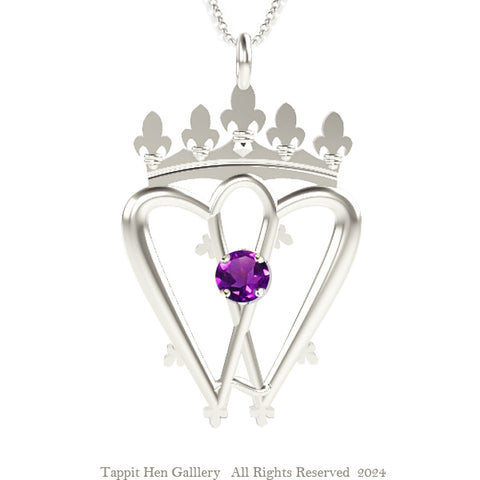 Scottish Highland Traditional Luckenbooth Necklace in White Gold with Amethyst