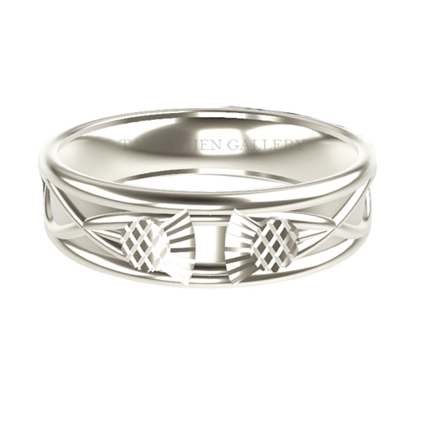 WIDE SCOTTISH THISTLE CELTIC WEDDING RING IN COMFY FIT IN 9CT WHITE GOLD