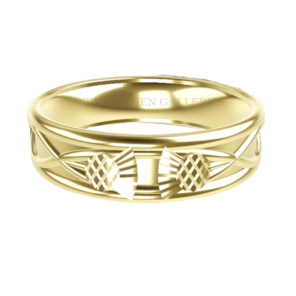 WIDE SCOTTISH THISTLE CELTIC WEDDING RING IN COMFY FIT IN 9CT YELLOW GOLD