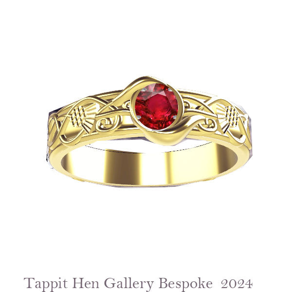 Scottish Thistle Edinburgh Celtic Garnet Ring in Yellow Gold  Flow Set