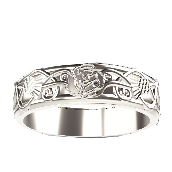 Scottish Rose and Thistle Edinburgh Celtic Ring in White Gold