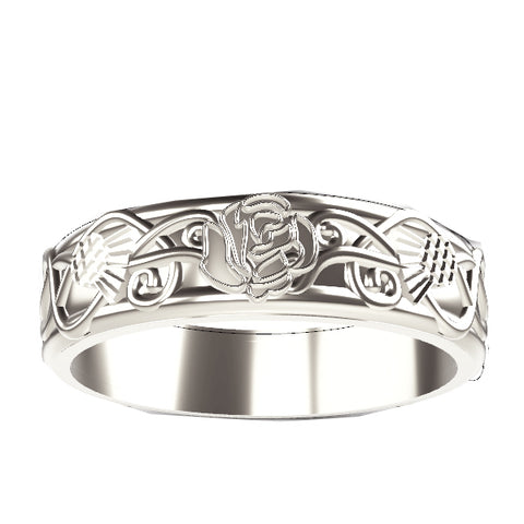 Scottish Rose and Thistle Edinburgh Celtic Ring in White Gold